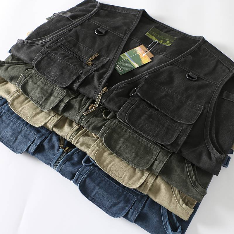 南极人阿美咔叽美式工装复古金属拉链立体口袋全棉马甲背心男式潮流