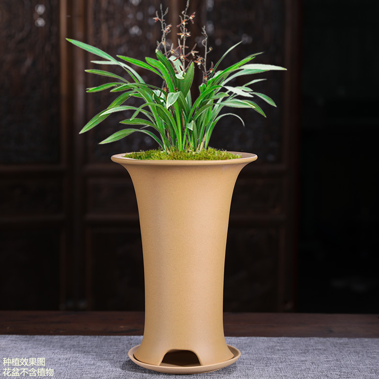 爵遇良品 透气紫砂花盆 兰花专用盆 高档圆形高花盆 简约素面光板高腰