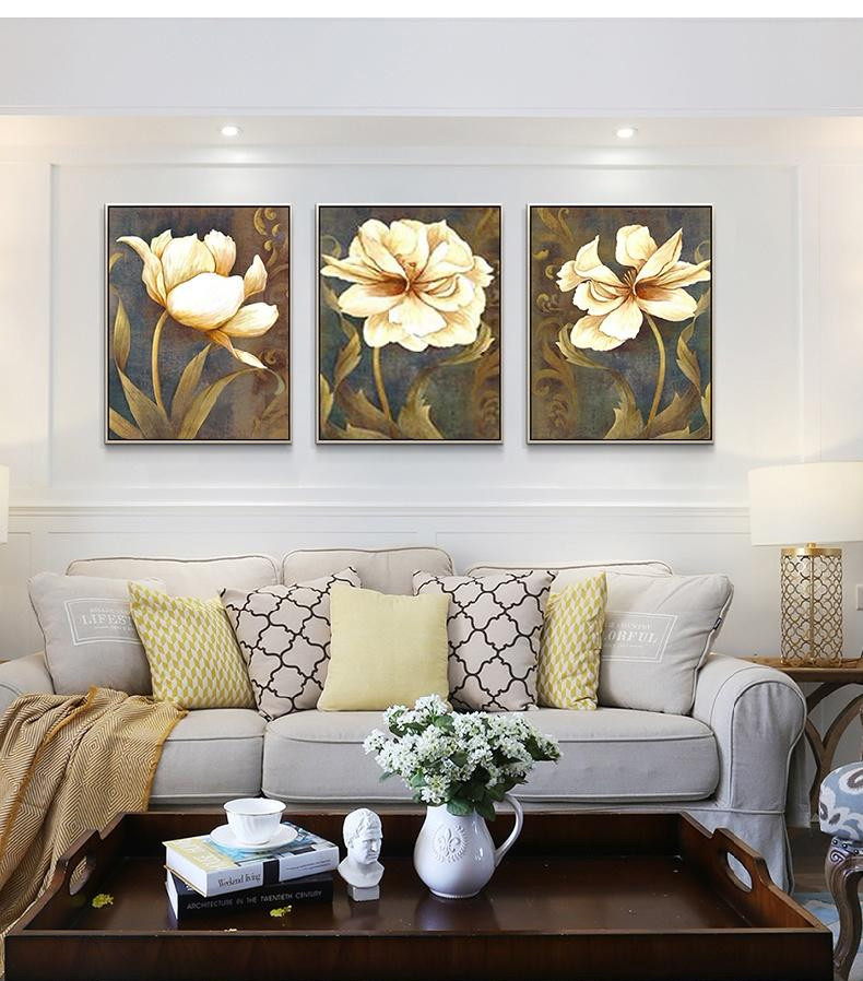 纯手绘美式油画沙发背景简美客厅装饰画花卉三联画壁画金箔轻奢手工挂