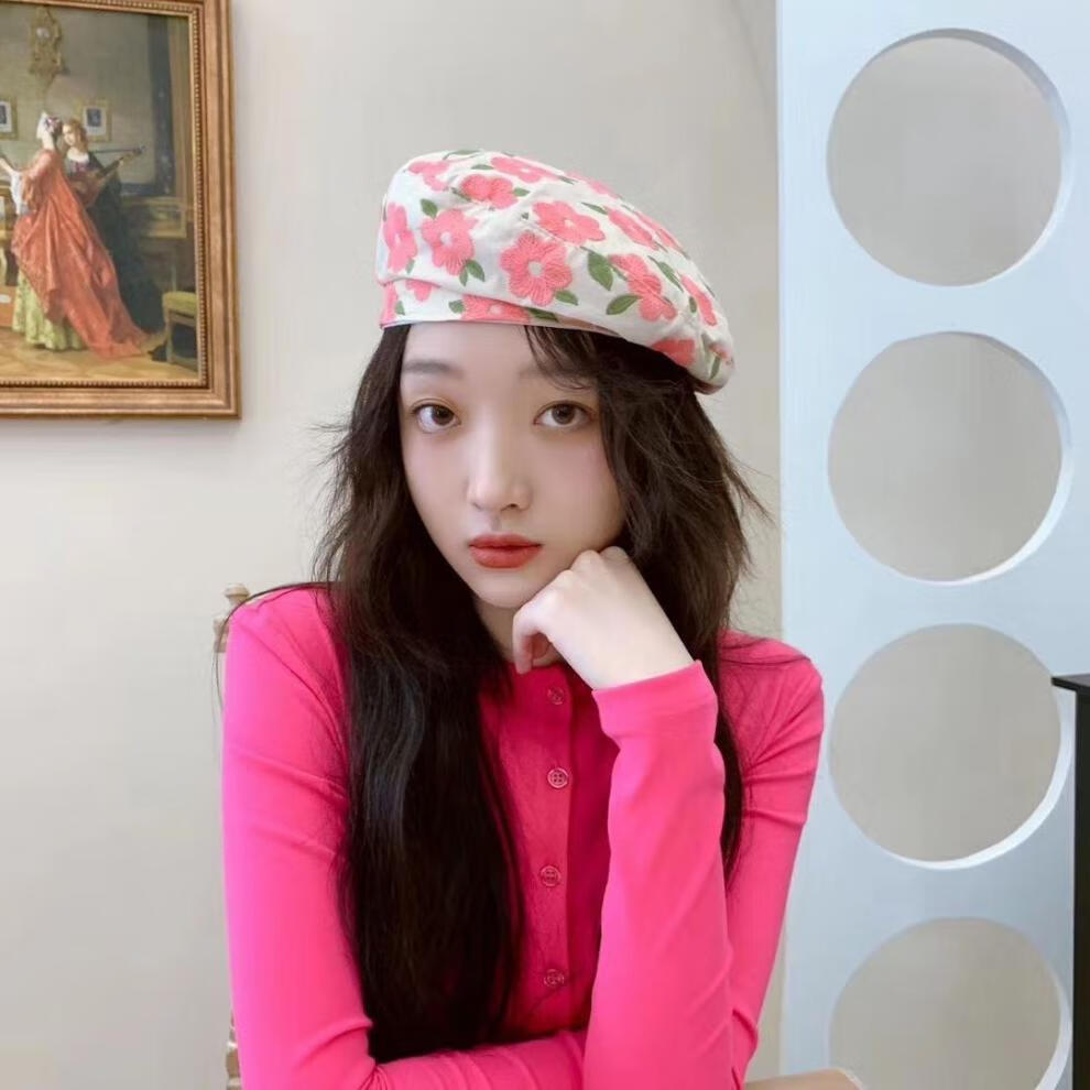帽子女韩版立体花朵刺绣贝雷帽春夏季百搭洋气拍照凹造型画家帽潮黑色
