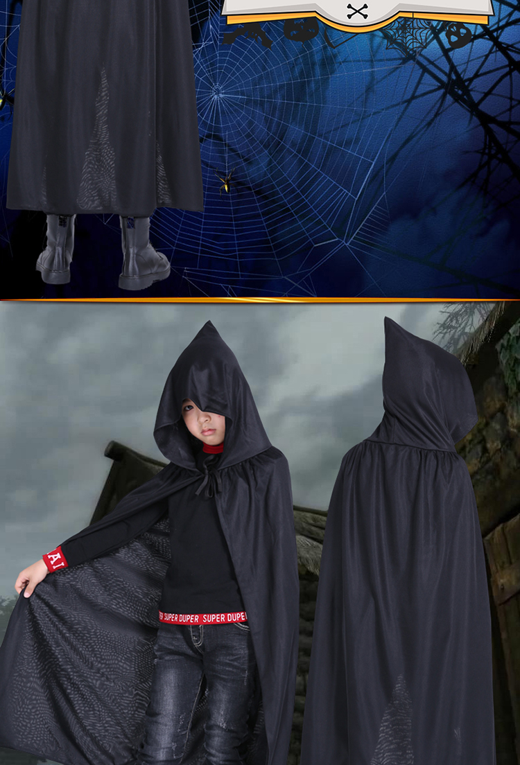 s万圣节服装儿童黑色斗篷披风男巫师袍死神吸血鬼cosplay服饰 90cm
