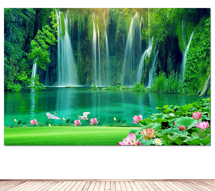 山水风景画瀑布流水生财风水画荷花聚财壁画绿色护眼自粘梦倾城相纸