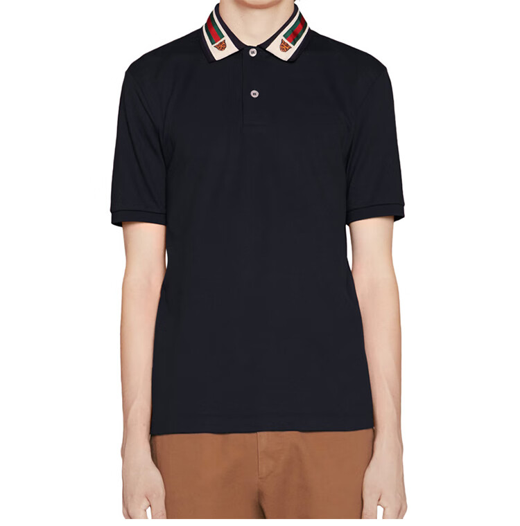 gucci古驰男装男士条纹织带虎头polo衫短袖t恤商务休闲polo短袖深蓝色