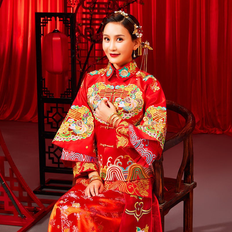 秀禾服新娘结婚礼服中式嫁衣复古改良旗袍裙龙凤褂红色新娘装长款