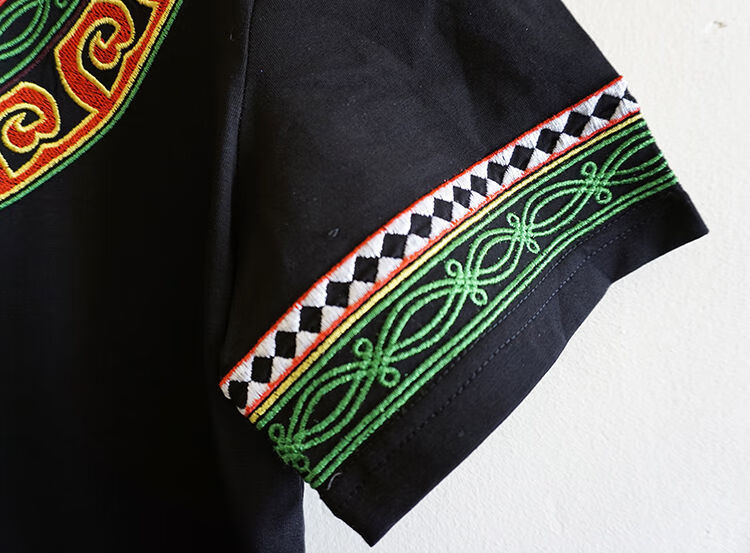 舒裟大凉山彝族短袖民族风花纹体恤刺绣传统花纹彝t恤男女圆领衣服