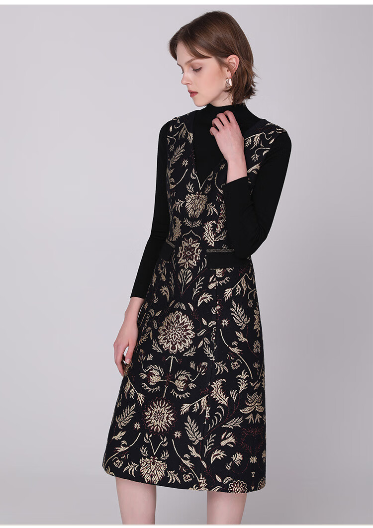 马天奴2022年秋冬新款金色提花连衣裙黑色绵羊毛假两件 黑色 36/s