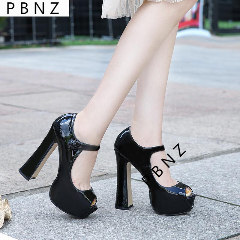 新品伪娘反串大码高跟鞋14cm 黑色绒面扣带鱼嘴粗跟 超高跟女凉鞋