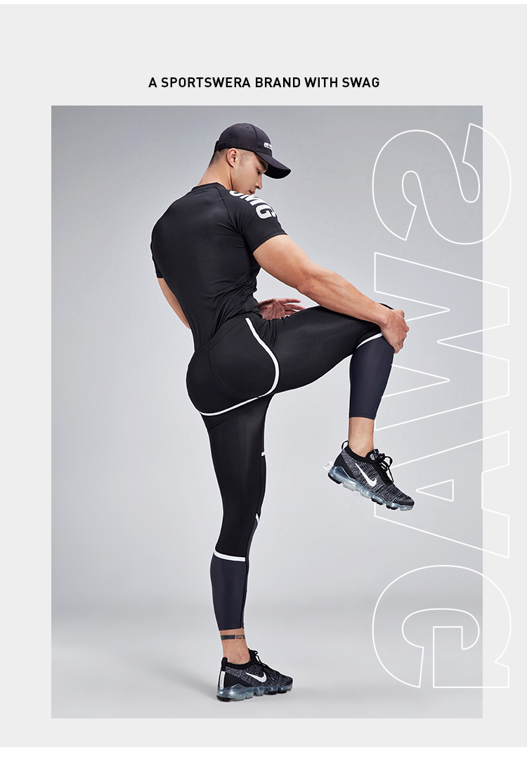 omg潮牌春夏新款拼色提臀性感男紧身裤弹力健身速干训练健身裤男蓝色