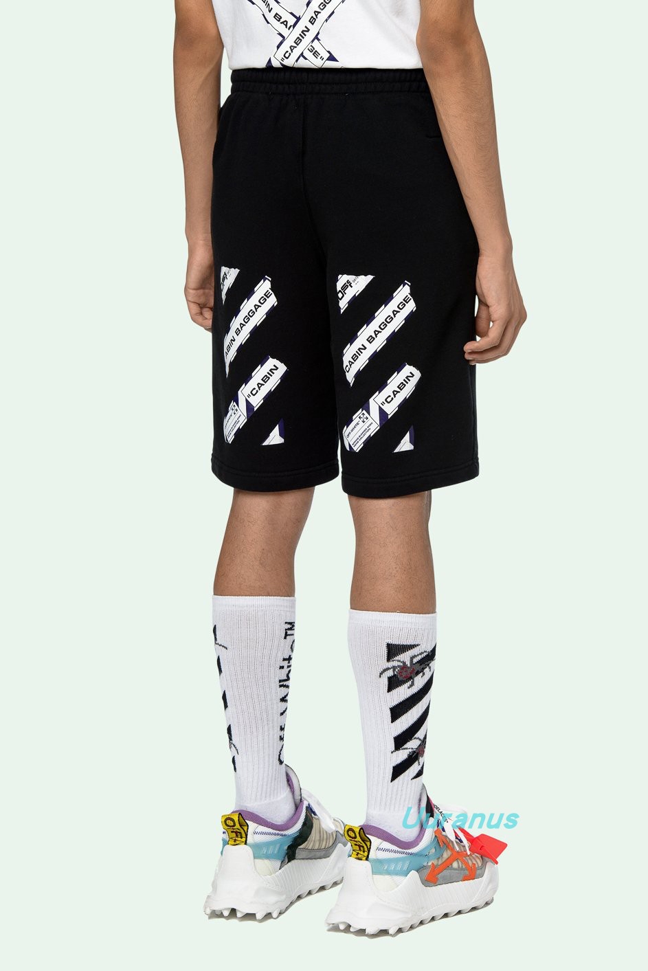 txfog警戒线ow短裤胶带印花字母宽松off运动五分裤情侣款黑色xs