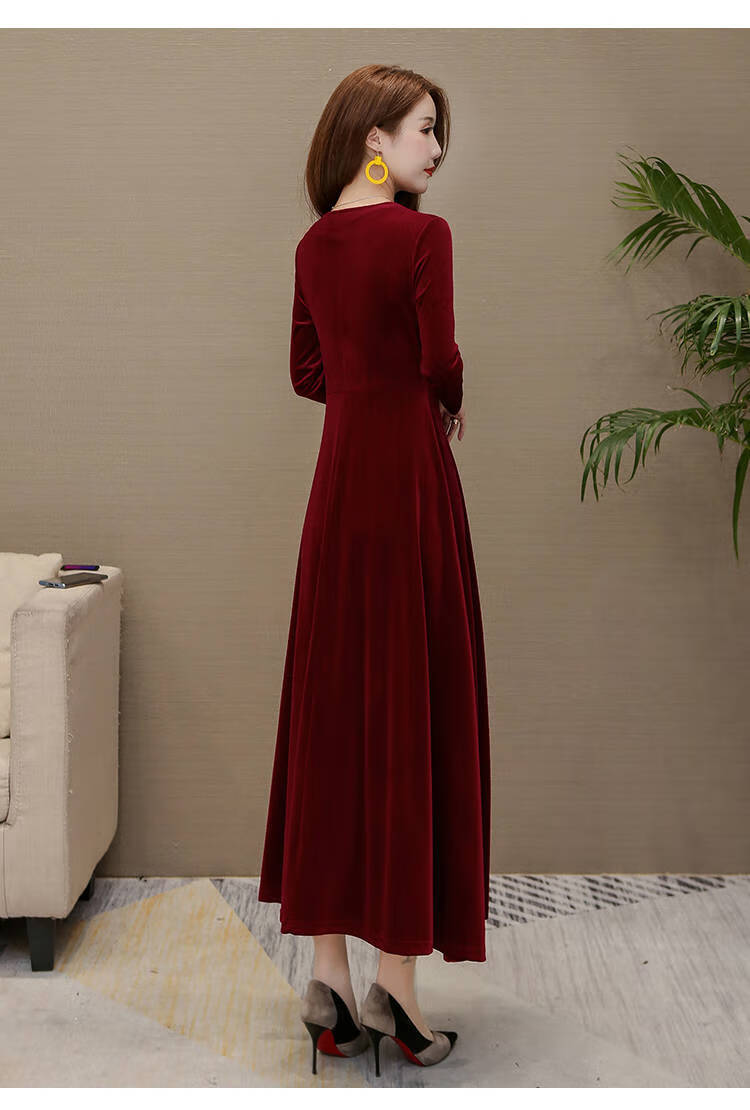 2020春金丝绒连衣裙长袖长款春秋冬女装大裙摆舞蹈服演出中长裙【月日