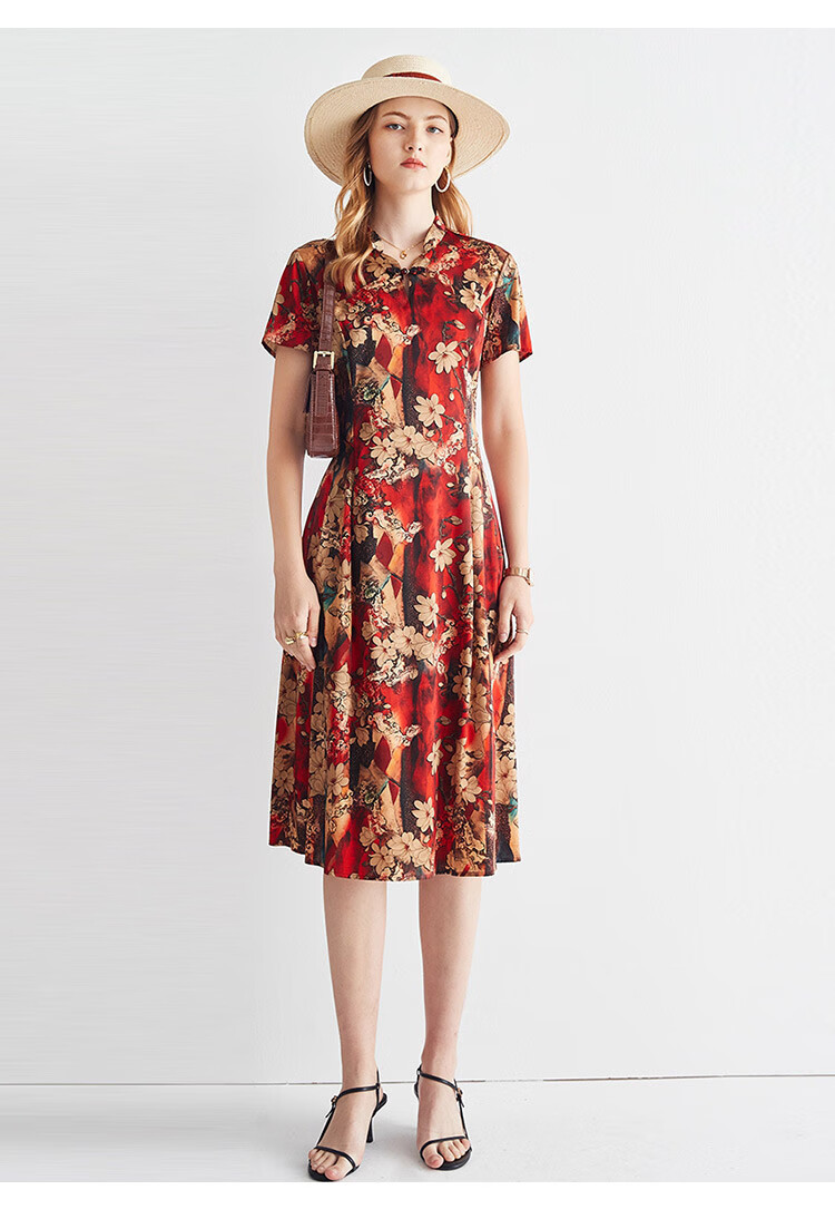 帕罗22新款真丝植物印染收腰显瘦气质旗袍短袖桑蚕丝连衣裙es21769z红