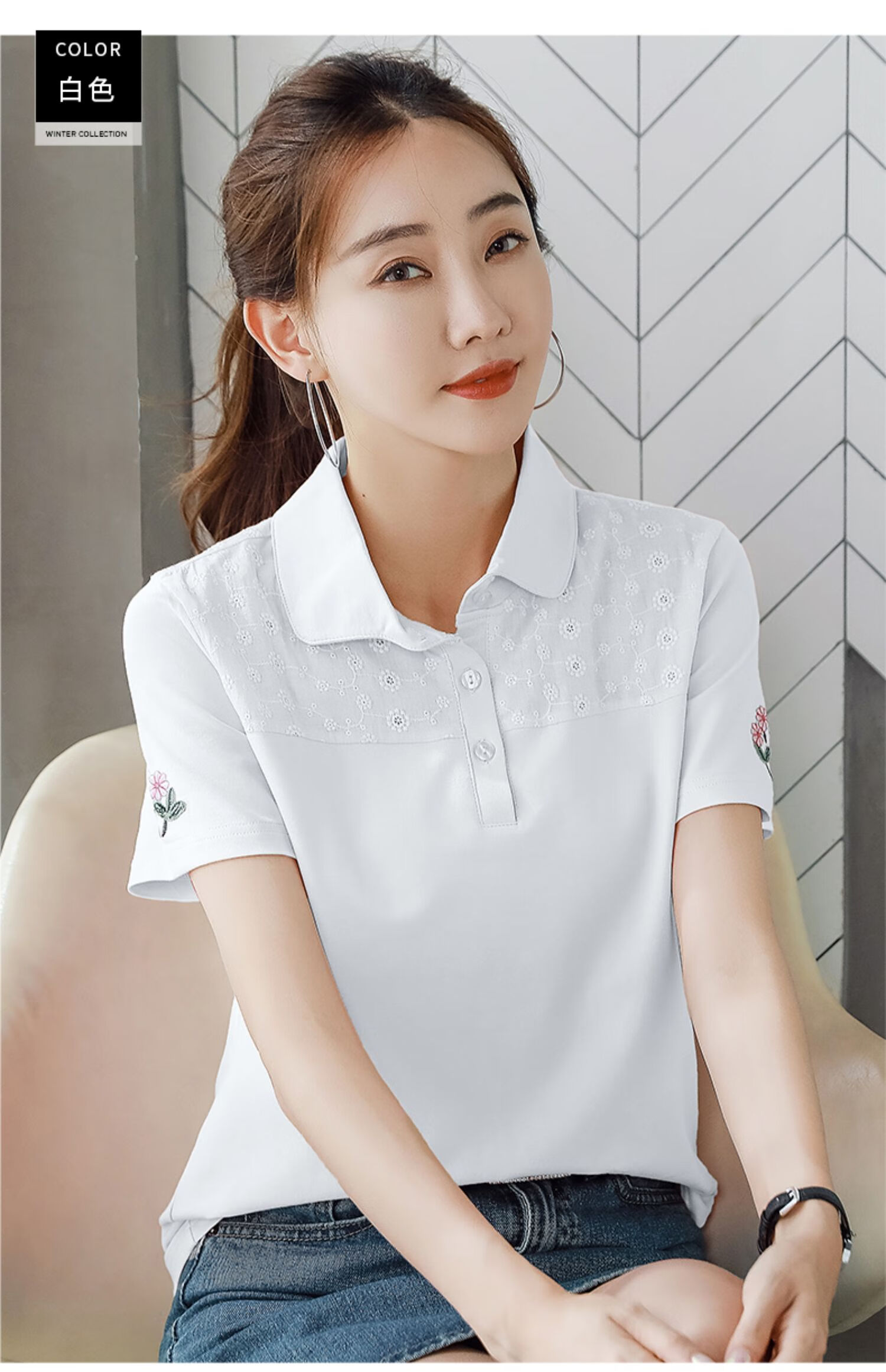 60短袖t恤女装夏季新款妈妈夏装女士棉有领polo翻领上衣白色xxl