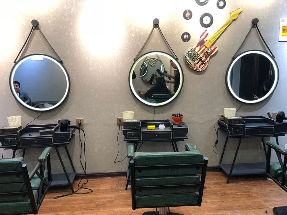 理发店美发店镜台美发镜欧式发廊专用挂墙带led灯剪发镜子 麻绳吊带带