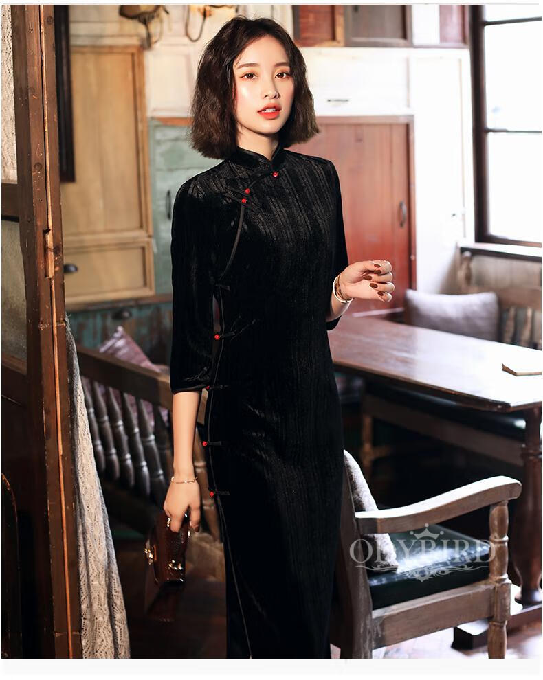 欧迪鸟品牌女装蚀骨旗袍女轻款少女时尚复古黑色改良新式中长款金丝绒