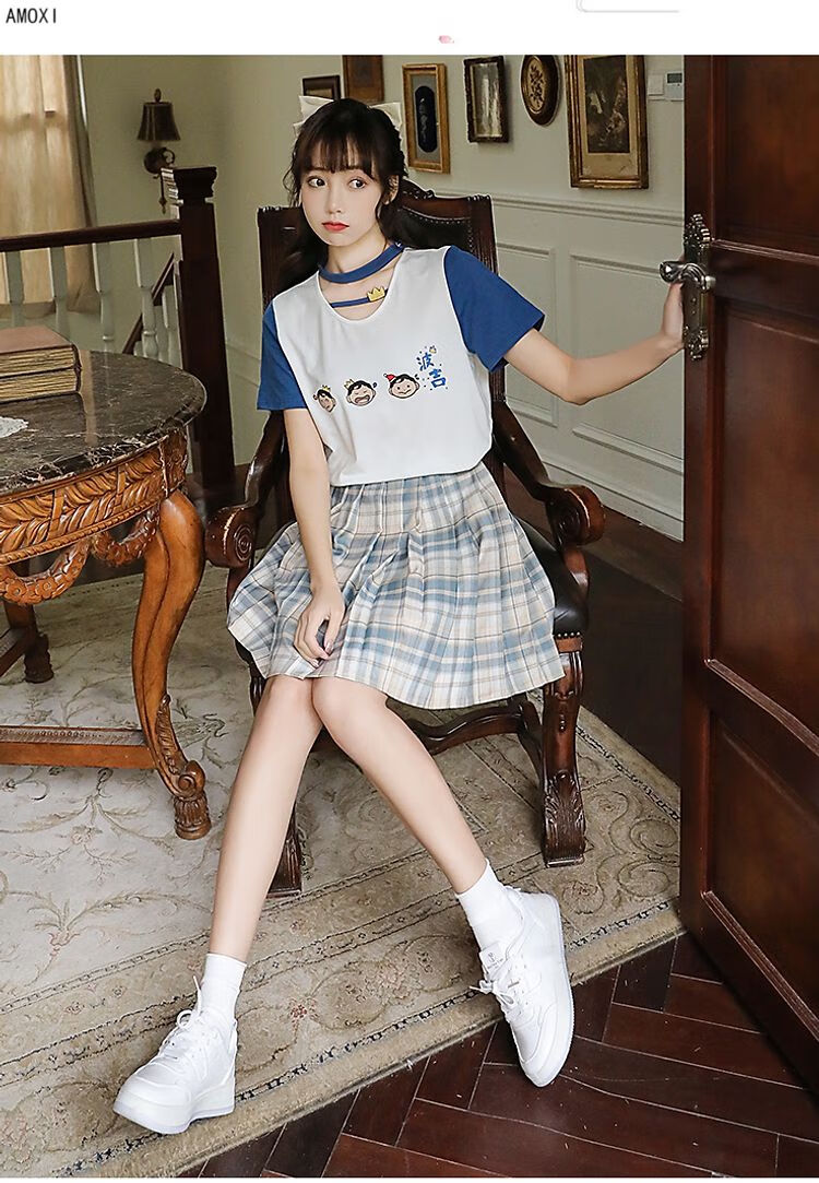 阿么茜女生百褶短裙子套装少女生夏装2022新款初中高中学生学院风可爱