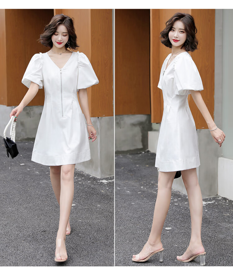 毛毛进士2022新款v领大码连衣裙女夏简约干练泡泡袖短袖胖mm裙子女中