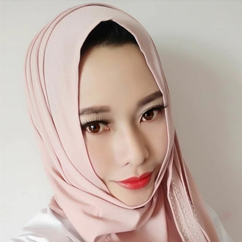 (盖头莎巾)回族女人的套头纱巾头巾冰丝烫钻方便款夏季民族风 粉色