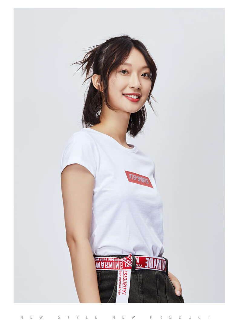 特步女装夏季t恤女圆领宽松半袖休闲运动短袖体恤潮上衣 黑