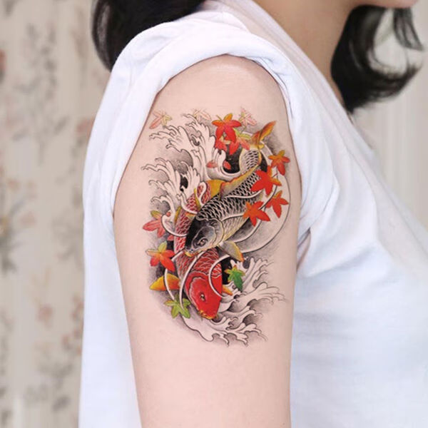 趣得纹身贴花臂彩色红黑双鲤鱼大花臂纹身贴男女浪花手臂小腿仿真刺青