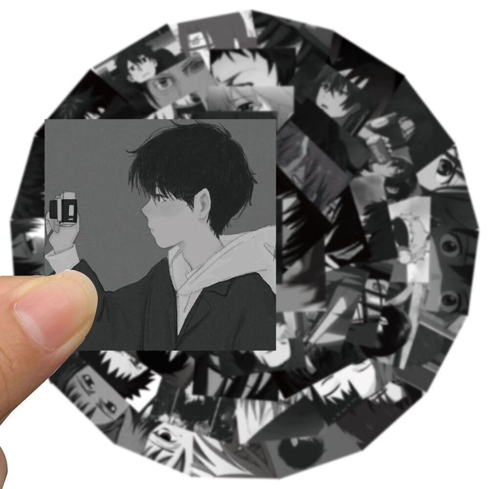 黑白二次元动漫男主头像贴纸个性动漫校章水杯笔记本装饰贴画防水