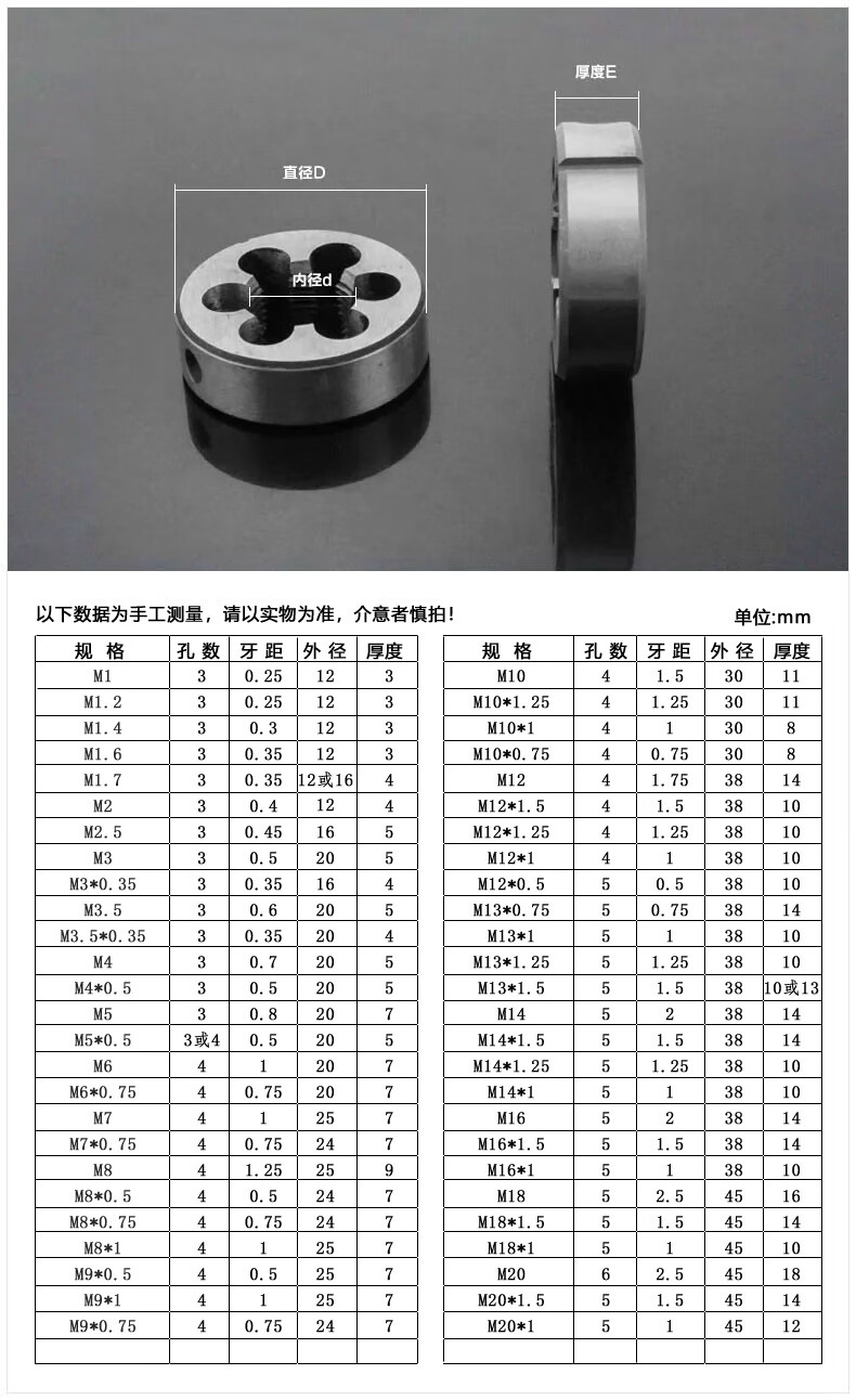公制圆板牙细牙圆形板牙bsw英制板牙unc美制元板牙反牙丝锥板牙 汐岩