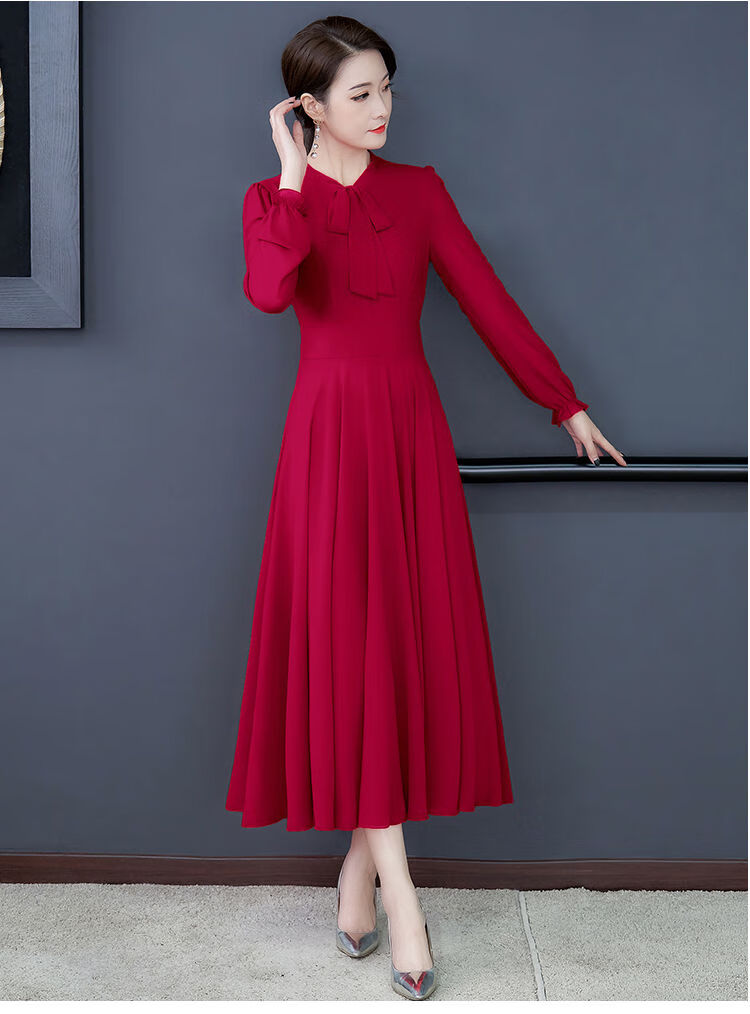 双层大摆跳舞长裙收腰显瘦长袖雪纺连衣裙女沙滩裙大码中长款裙子