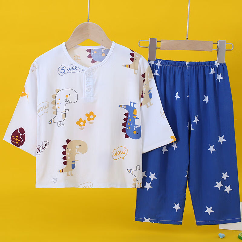 秋千坠夏季棉绸唐装儿童睡衣套装男孩宝宝绵绸长袖长裤套头薄空调家居