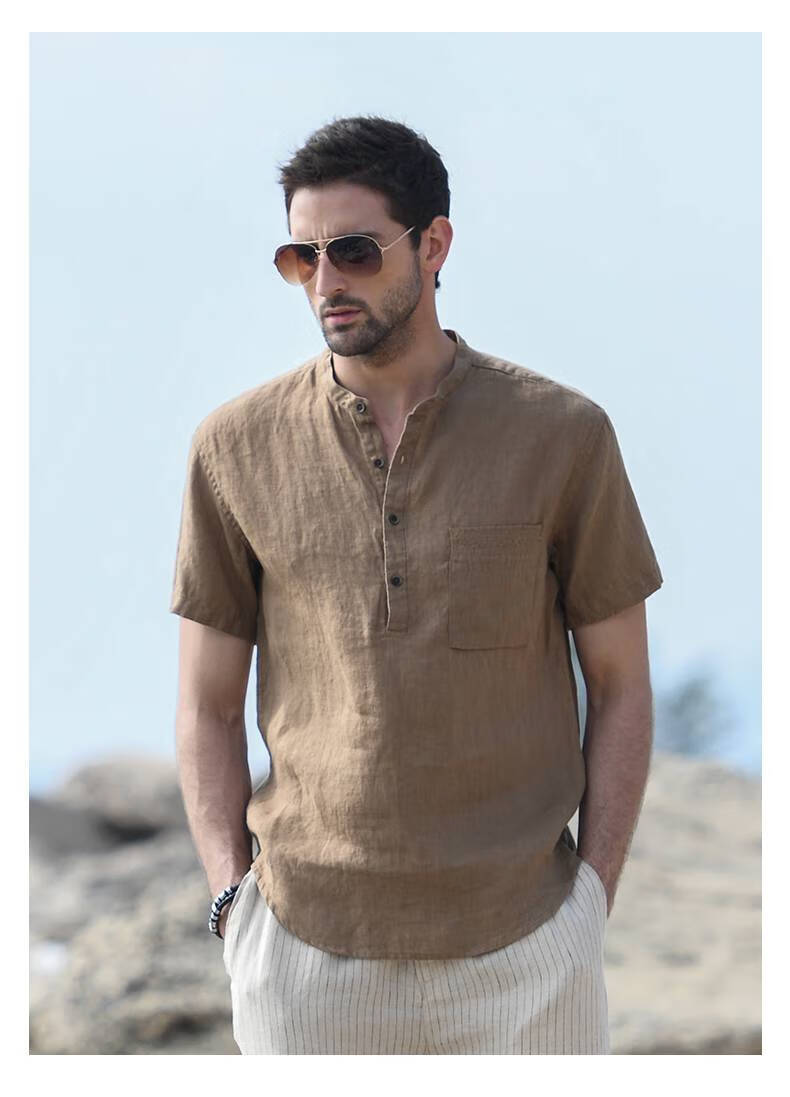 俞兆林轻柔透气短袖亚麻衬衫男士文艺休闲宽松上衣薄款立领麻料衬衣