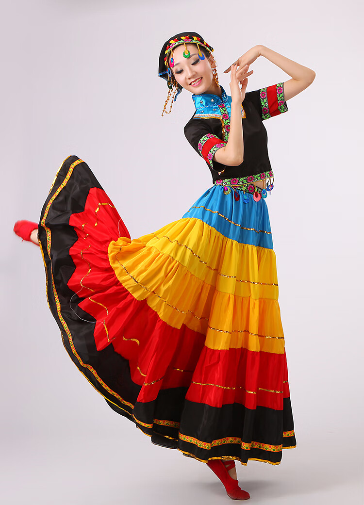 彝族火把节服饰七月七彩大摆裙演出服装少数民族舞蹈演出开场舞裙单件