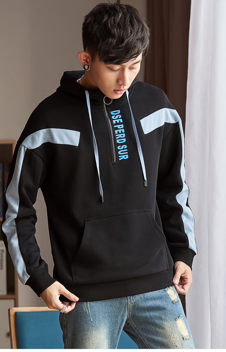 playboy花花公子套头青春活力外套青春流行韩版男卫衣 黑色 165