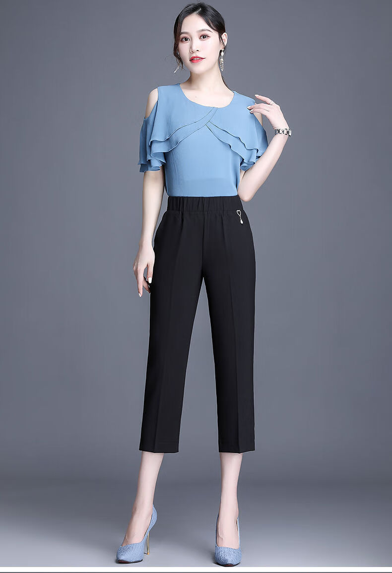 妈妈夏装裤子40到50岁中年妇女夏季中高腰休闲裤中老年女装八分裤黑色