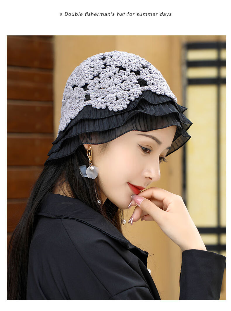 街头港风帽子女新款遮白发百搭透气手工钩花针织帽镂空花朵包头帽渔夫