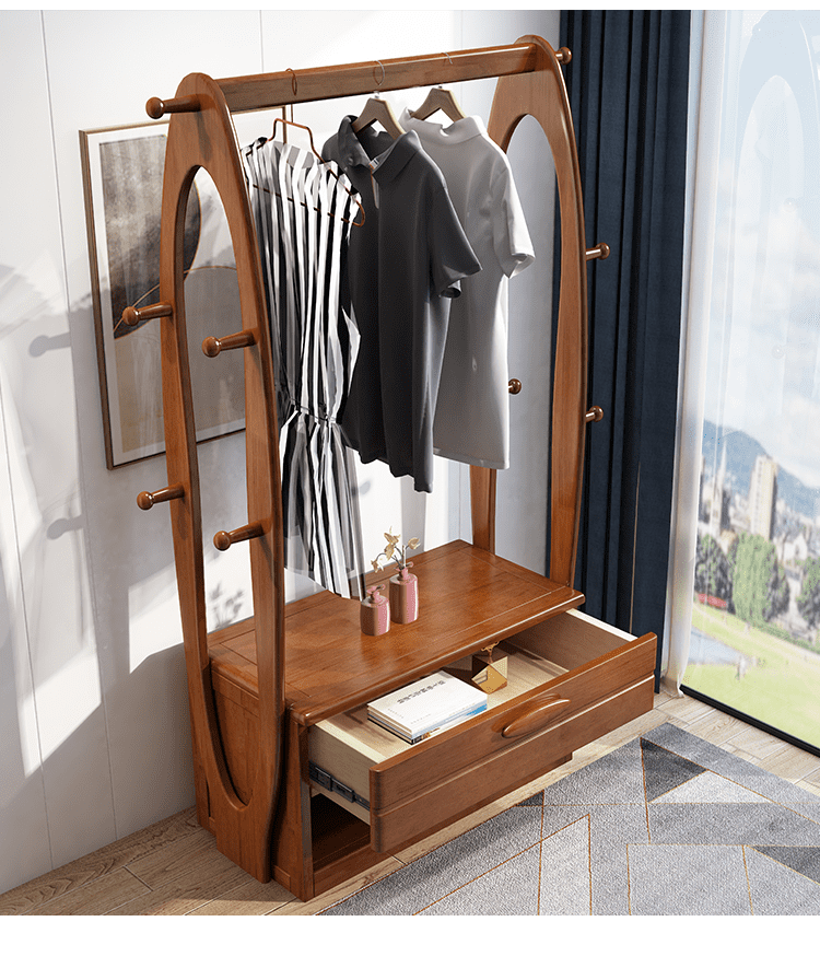 鞋柜衣架一体实木衣帽架挂衣架落地卧室客厅家用入门口收纳储物榉木色