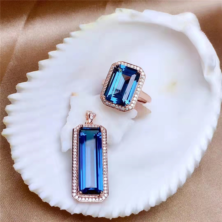长方形伦敦蓝托帕石吊坠戒指项链男女925蓝宝石碧玺套装 (小)蓝托帕石