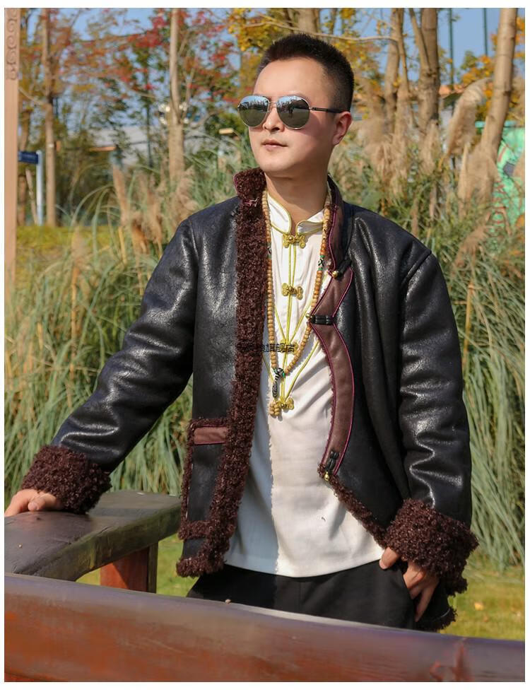 藏装藏族服装男藏袍冬季藏装外套男皮革加绒保暖短款拼色西藏民族风