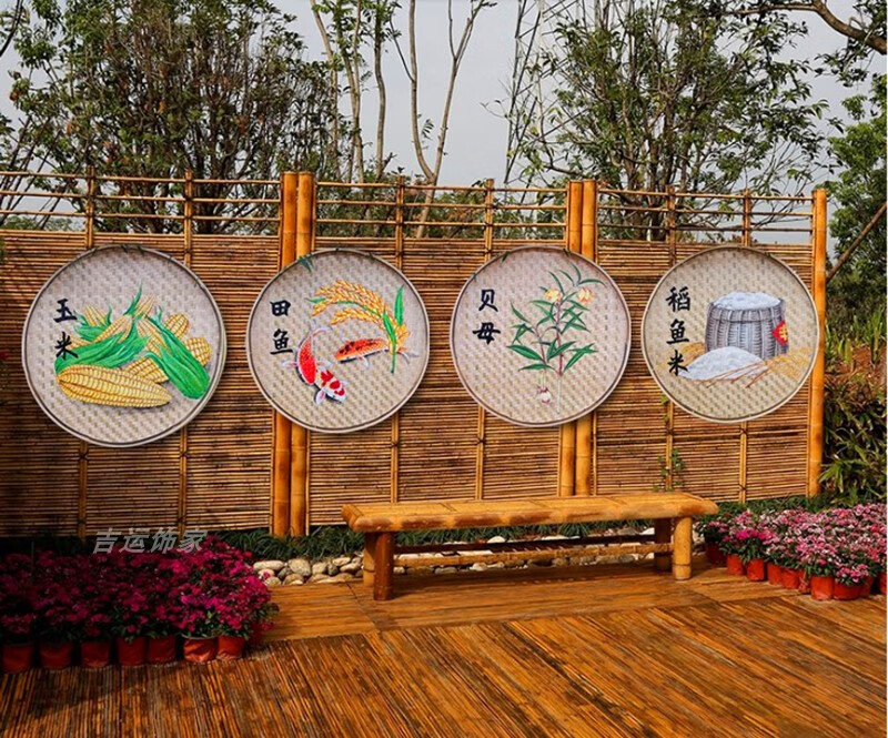 通用手绘簸箕画复古怀旧美丽乡村文化墙素材农家乐装饰品竹编田园壁画