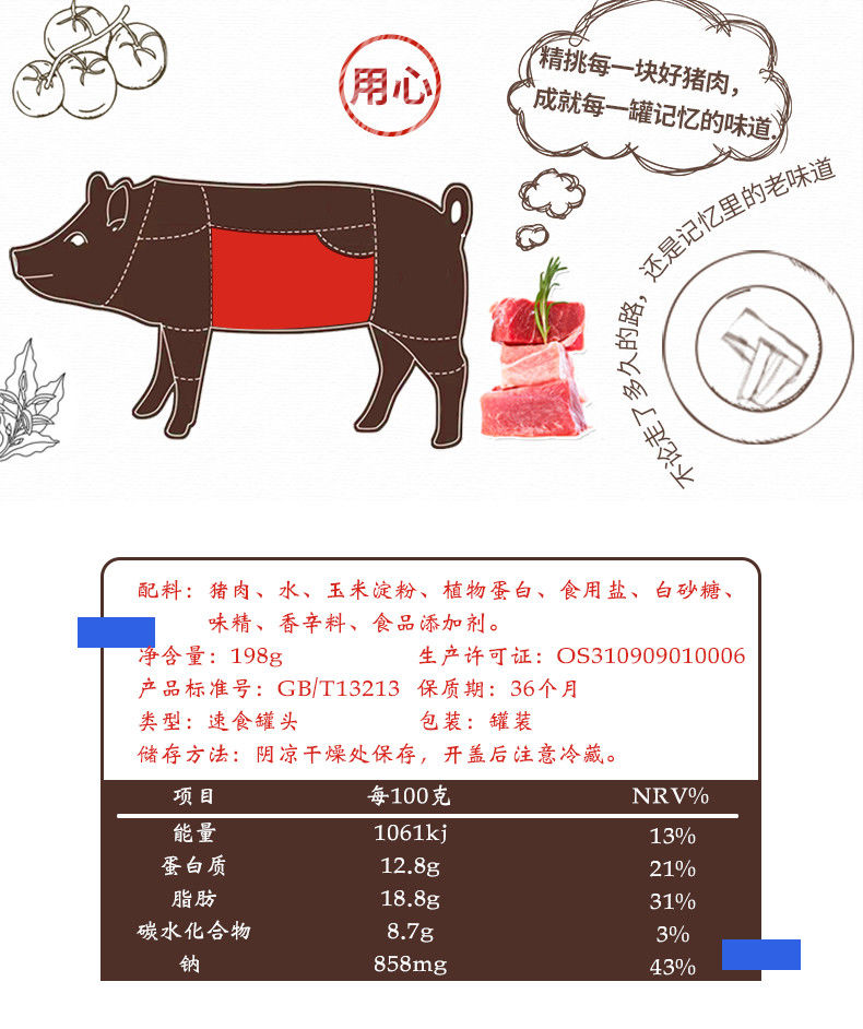 上海梅林午餐肉罐头198克340克170 原味午餐肉即食猪肉上海 340g*2罐