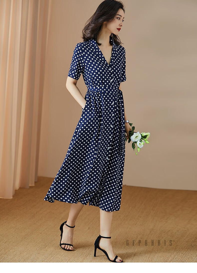 歌珀莱品牌女装2020夏季新款法式复古飘逸大摆裙子系带收腰波点连衣裙