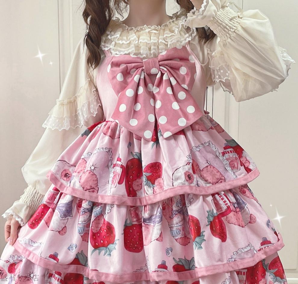 洛丽塔甜美洛丽塔日常款草莓奶团lolita连衣裙jsk吊带裙可爱甜美软妹