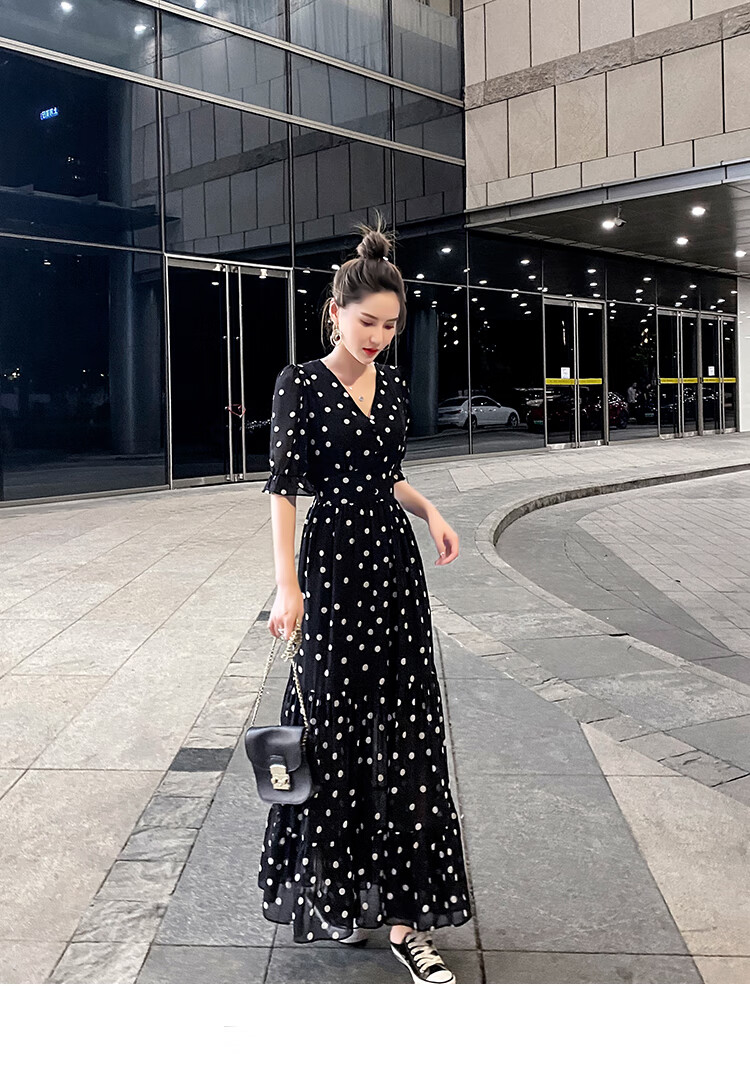 yundongma2022夏季新款雪纺波点长裙黑色夏装气质显瘦长款圆点仙女