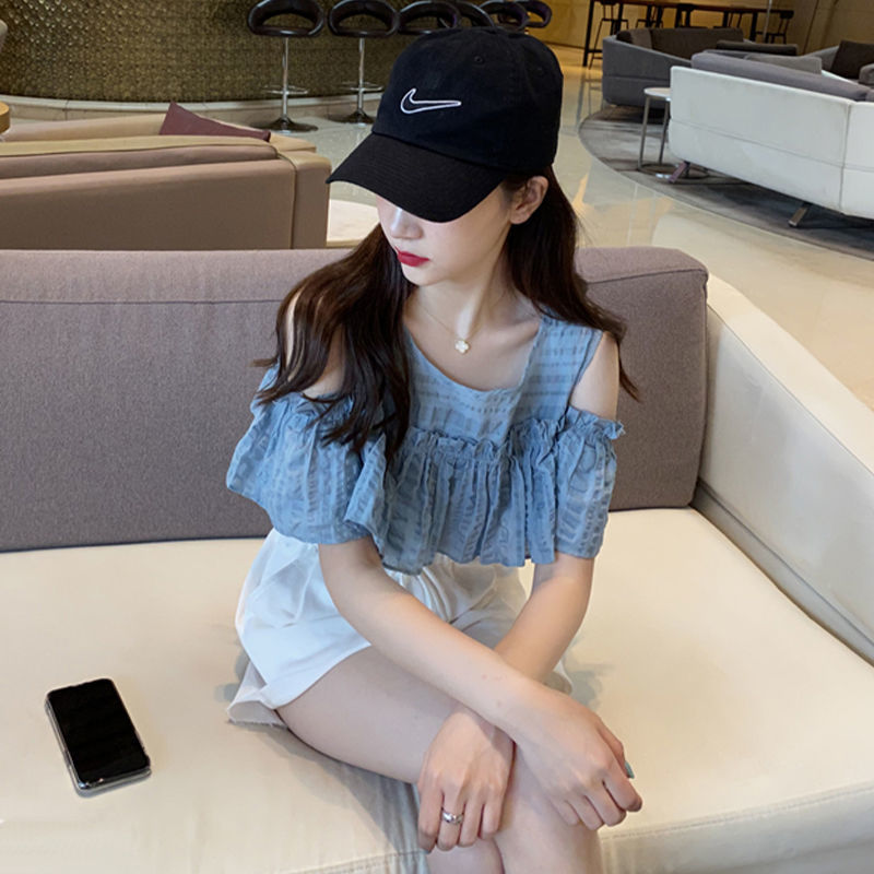 露肩雪纺衫女新款甜美学生衬衫女网红超仙心机上衣荷叶边雪纺小衫白色