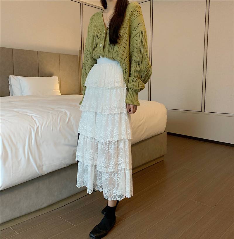 新款蕾丝蛋糕高腰半身裙女中长款显瘦蓬蓬裙中长百褶裙子mm0302 白色