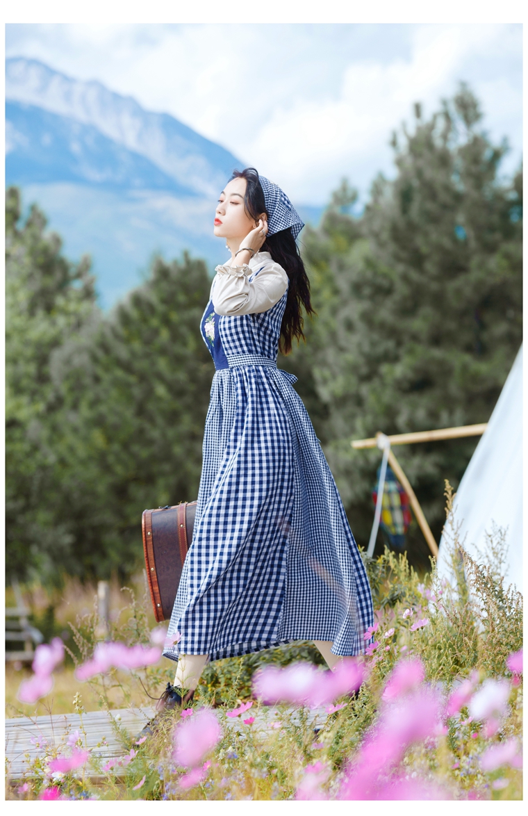 桔梗裙复古法式宫廷田园蓝色格子棉麻连衣裙茶歇裙配度假蓝色格子送s