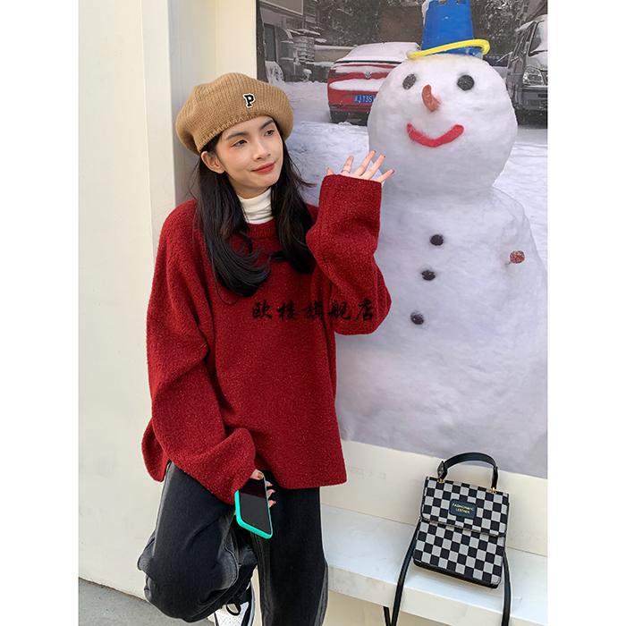 本命年红衣服女红毛衣红色新年宽松慵懒风洋气喜庆针织衫 红色 均码