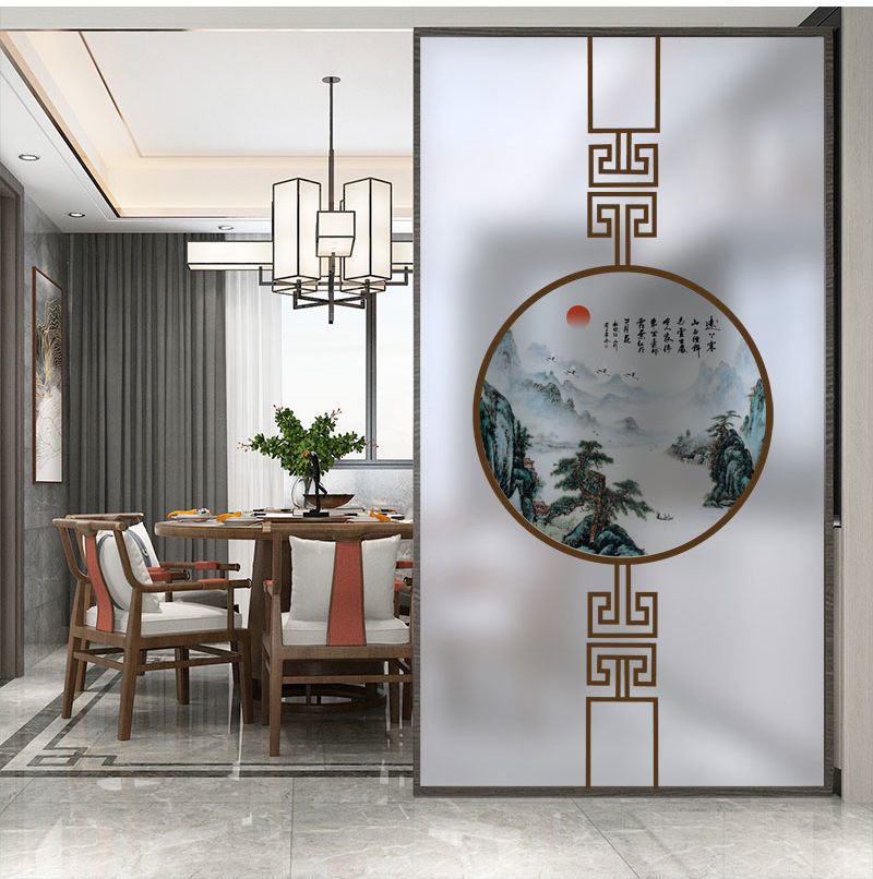 新中式静电磨砂膜玻璃贴纸客厅浴室玻璃门窗户中国风磨砂玻璃贴透光不