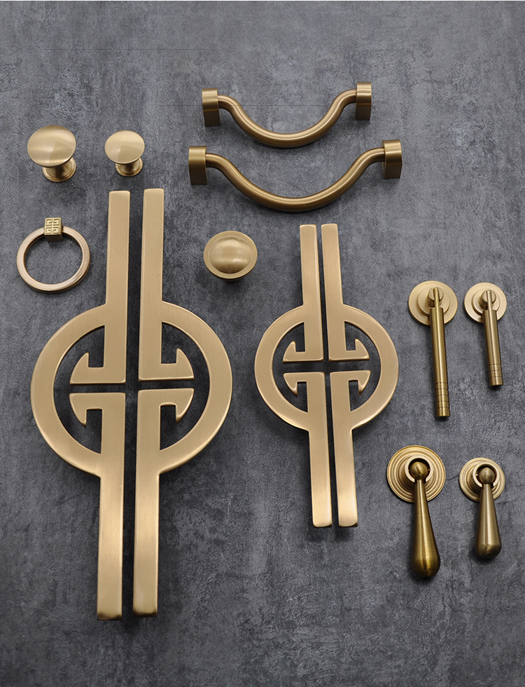阁伶适用于新中式简约全铜轻奢金色黄铜衣柜门把手纯铜拉手柜门家具