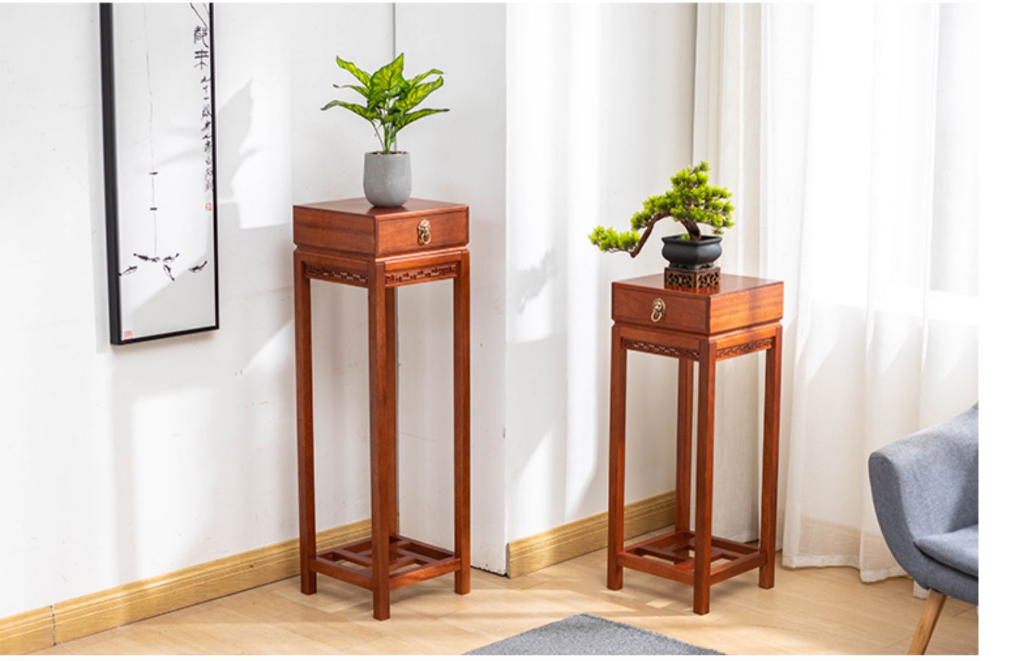 新中式花架木实木落地式仿古花盆景客厅阳台带抽绿萝花几小号组装雅黑