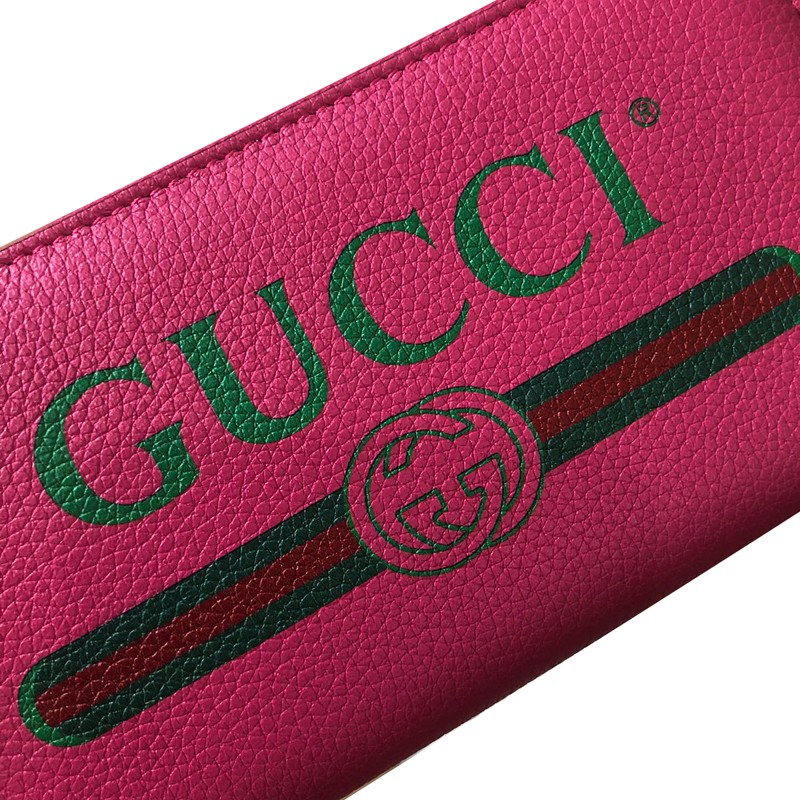 gucci/古琦 玫红荔枝纹皮绿色字母大logo拉链长款钱包发财色 玫瑰红色
