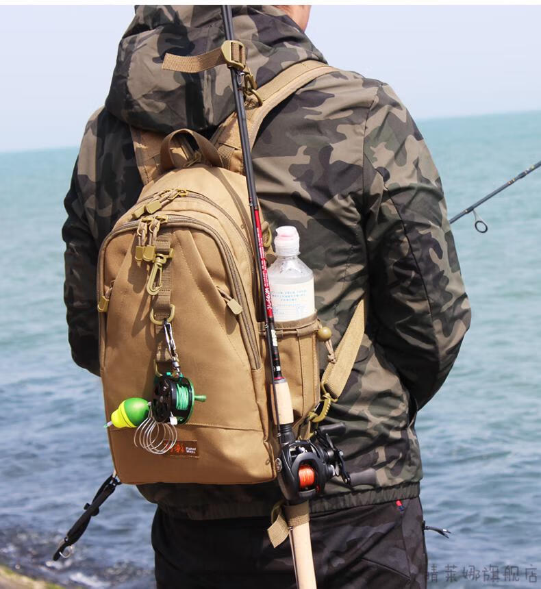 背包渔具多功能腰包户外防水胸单肩斜挎钓鱼背竿包两用背包黑色三件套