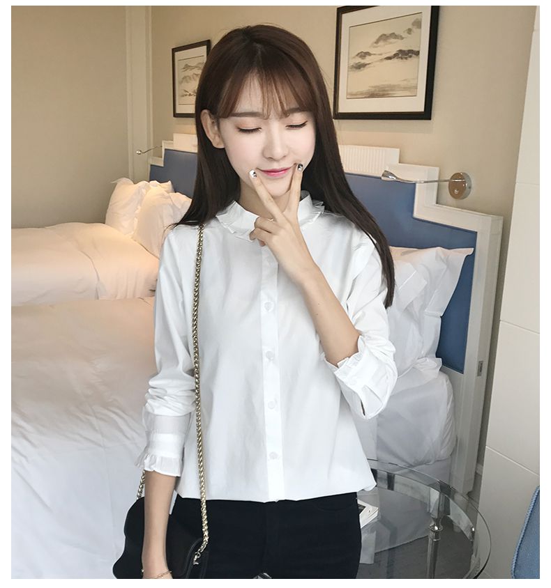 木耳边衬衫女款小清新棉白衬衣女木耳花边立领情人花长袖打底衬衫木耳